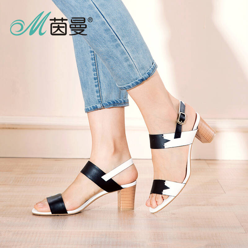 范玮琪代言茵曼女鞋羊皮粗高跟拼色通勤百搭露趾凉鞋852180053 白色