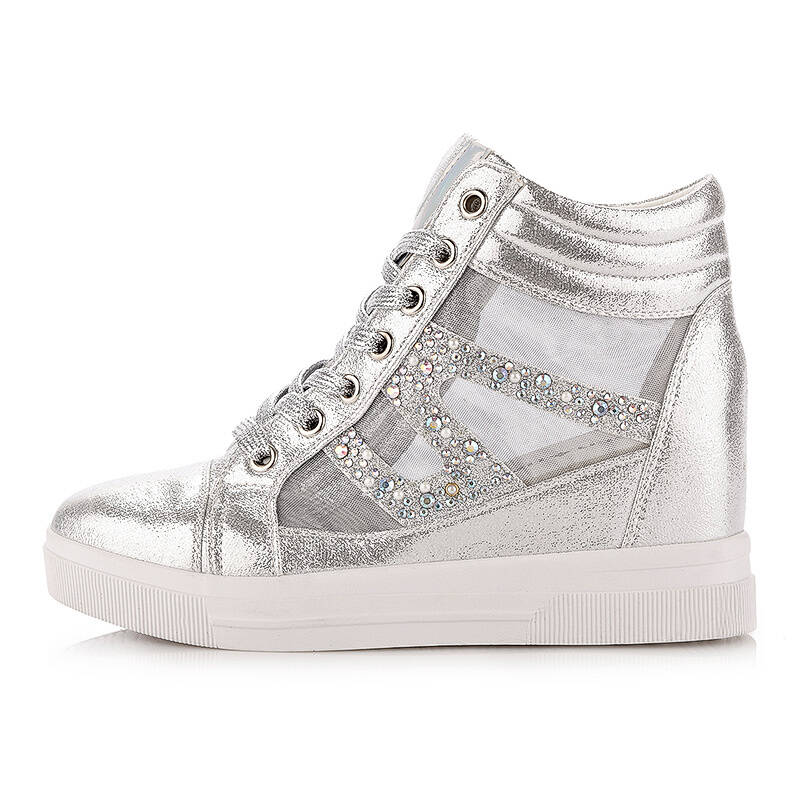 女鞋2015夏网鞋女高帮休闲鞋女平底系带低跟韩版潮板鞋子透气 银色 35