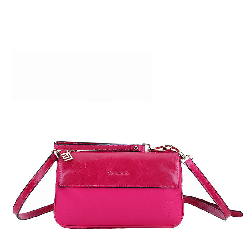 姬龙雪(guy laroche)女士桃红色油蜡皮配织物小号单肩斜挎包 玫红色