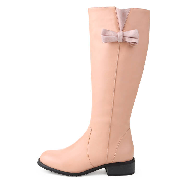 2015冬季新款甜美系蝴蝶结粗跟及膝长靴高筒女靴骑士靴w55611 粉色 35