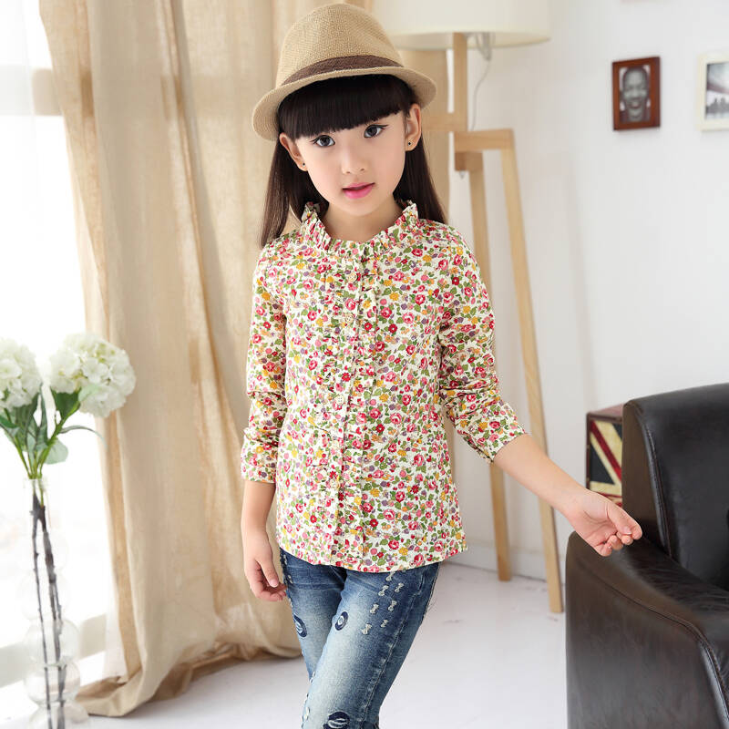 果夕童装女童衬衣2015新款儿童套装秋装儿童长袖衬衫女大童碎花花衬衣