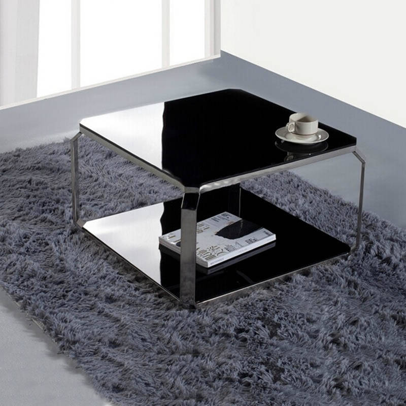 华宥办公家具 不锈钢架黑茶几黑色钢化玻璃面办公茶几 长茶几