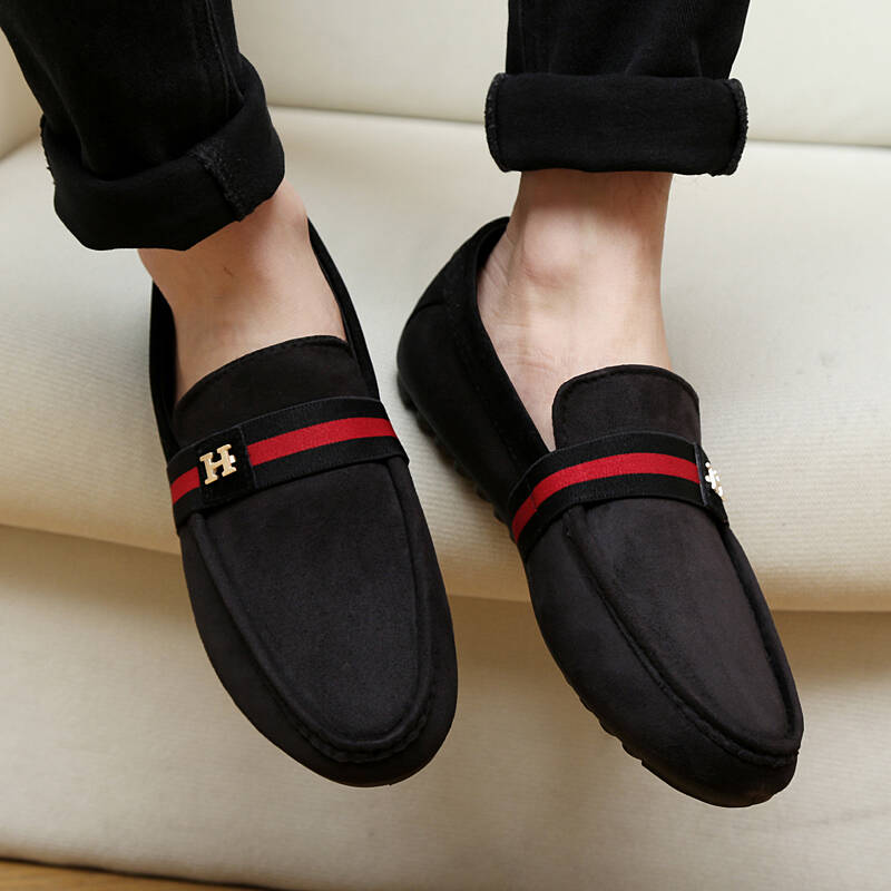 英伦豆豆鞋男 一脚蹬男鞋秋套脚休闲皮鞋男潮流低帮懒人驾车鞋 黑色