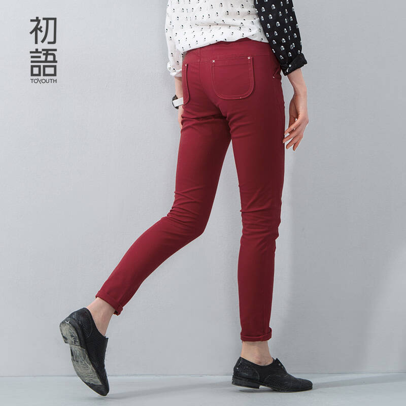 初语春季新品 弹性修身撞色打枣休闲长裤女8531912001 深红 xl