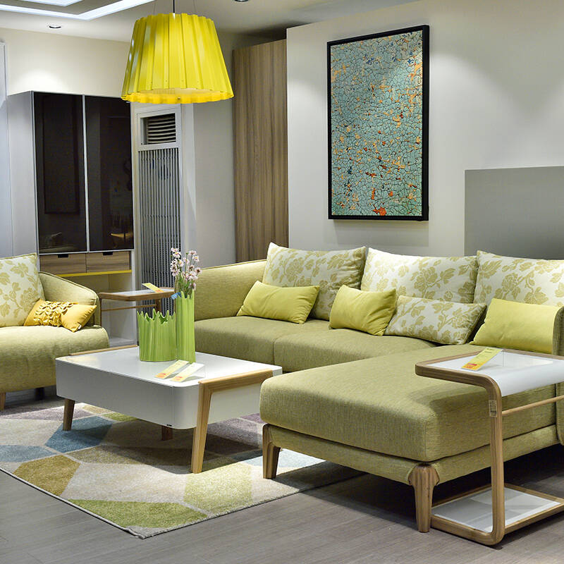 联邦家具 实木转角布艺沙发茶几组合套装 客厅成套家具组合套餐 简约