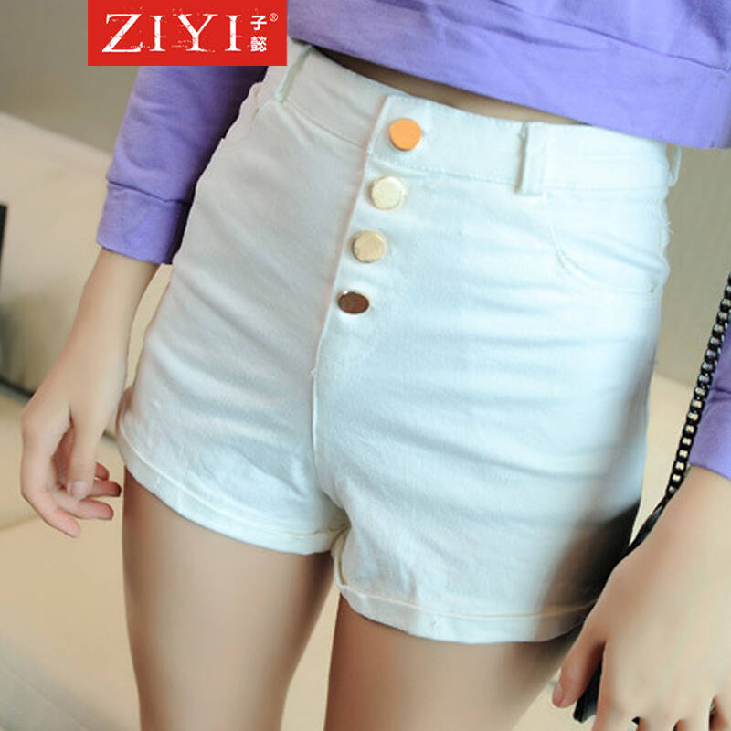 子懿2015夏季新款白色显瘦紧身超弹力纯棉短裤排扣高腰热裤96415 白色