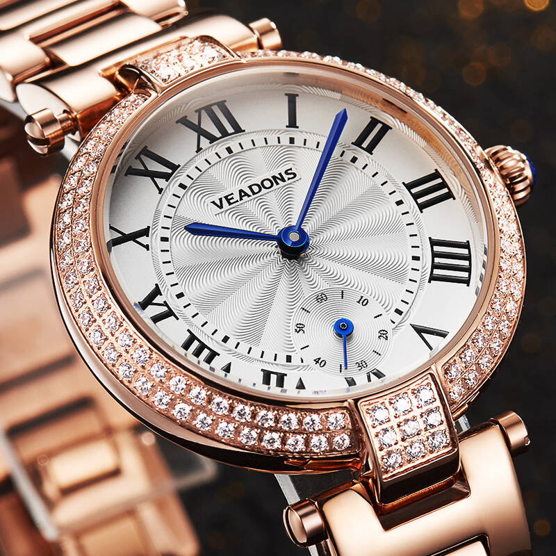 威顿(veadons)女士手表 优雅镶钻精钢女表 女款多功能石英防水女式表