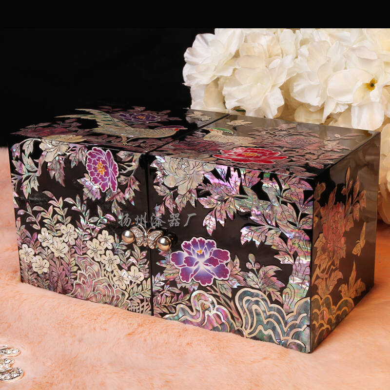 扬州漆器厂纯手工嵌螺对开姊妹盒首饰盒《葡萄,锦鸡,牡丹》结婚生日