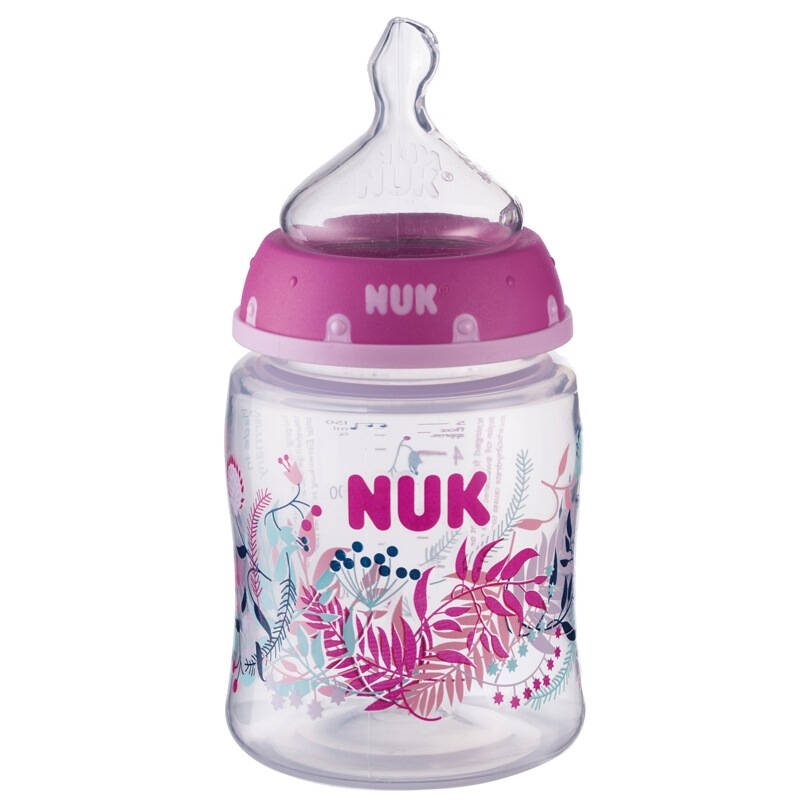 nuk宽口径pp奶瓶150ml配防胀气奶嘴(1号硅胶中号圆孔奶嘴)粉色(图案