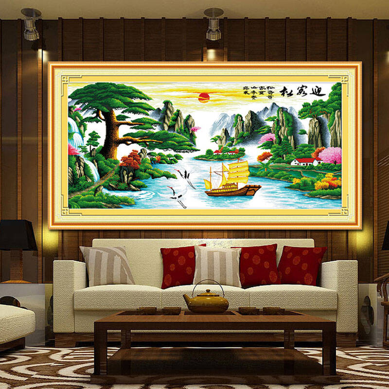 机绣成品 十字绣迎客松财运大版2米大画沙发背景墙山水风景画 机绣