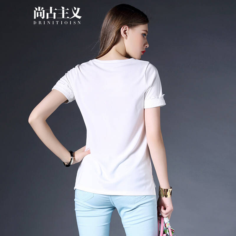 尚古主义2015夏装印花镶钻女上衣打底衫新款女装白色短袖女款t恤 白色