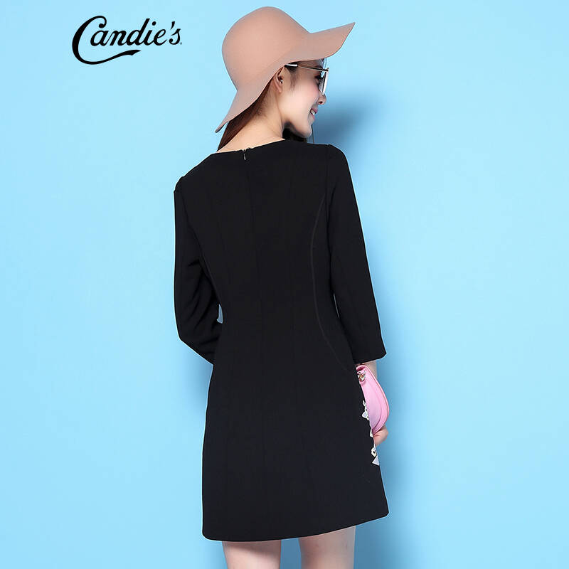 拉夏贝尔candies秋季新款 创意印花拼接a字连衣裙 女 藏青 s