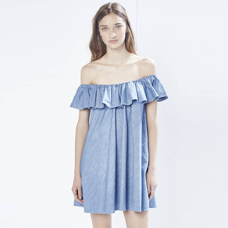 良衣尼朵 一字领露肩裹胸连衣裙荷叶边 85306003 蓝色 s