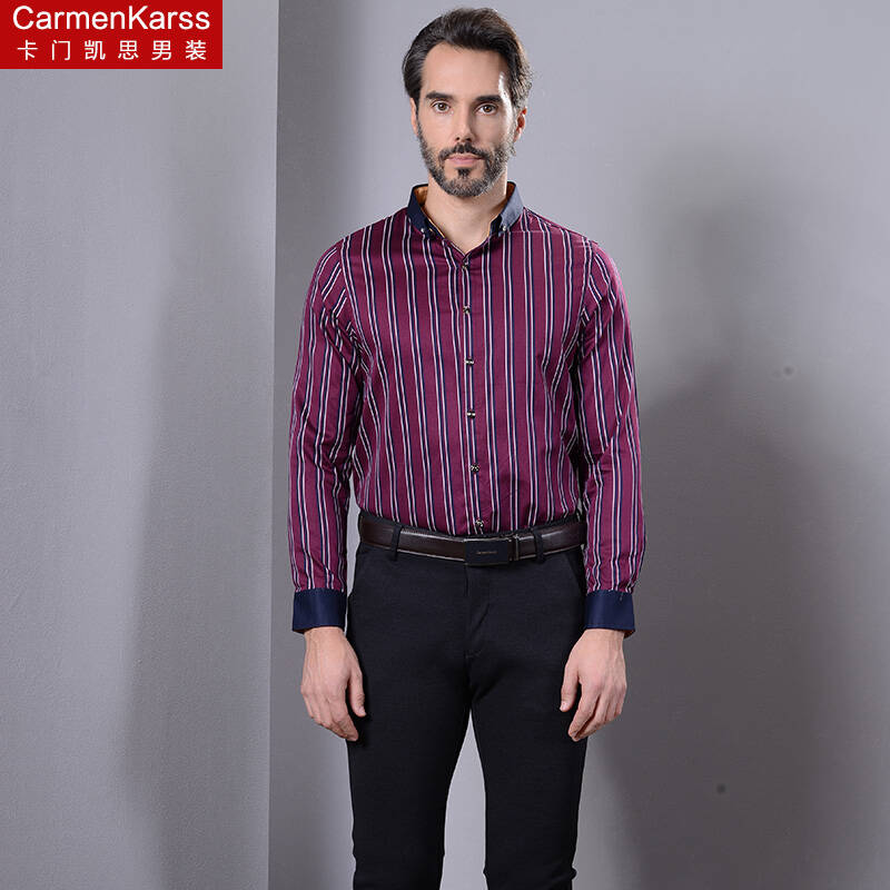 卡门凯思秋季大码男装长袖衬衫男士加肥加大纯棉宽松条纹肥佬衬衣