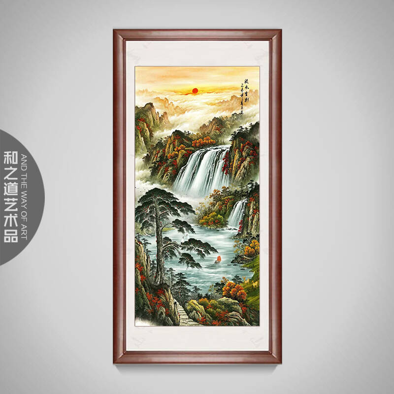 招财风水条幅流水生财国画风水靠山画山水画聚宝盆竖幅玄关办公室客厅