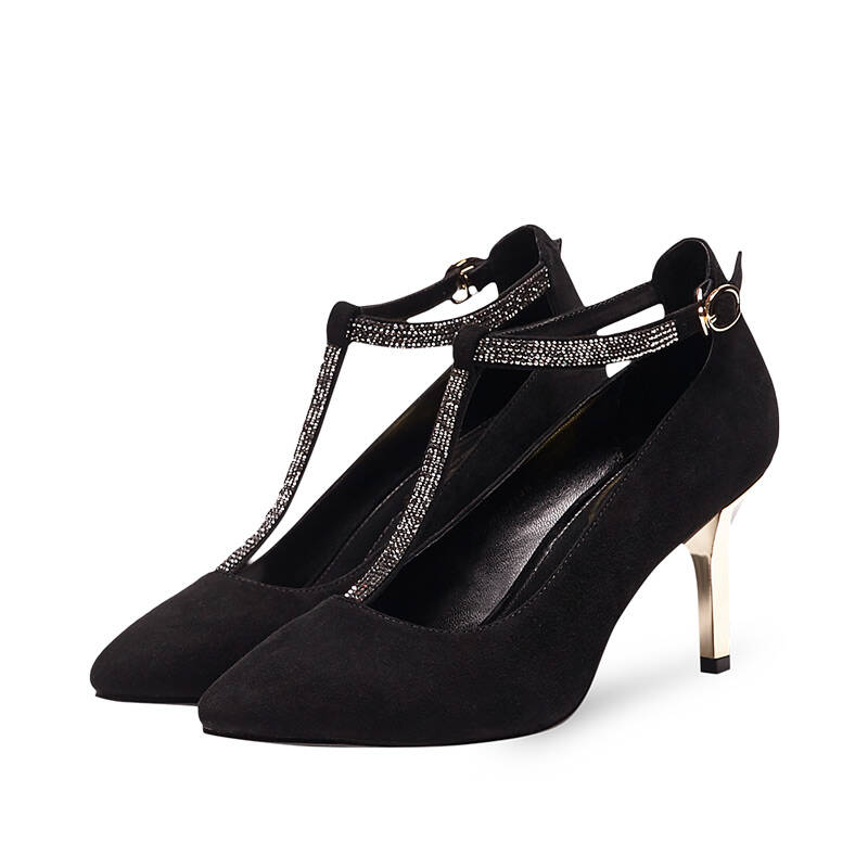 哈森/harson 秋季女款羊皮绒面革女款细跟水钻丁字鞋hl57148 黑色 35