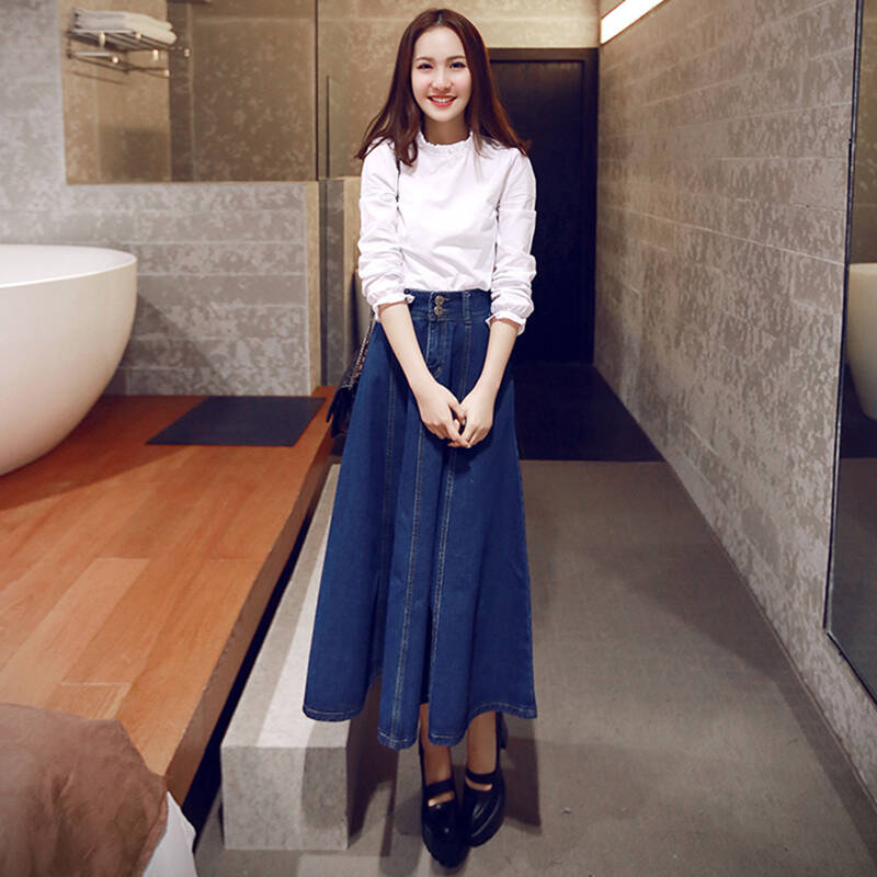 秋季新款高腰牛仔半身裙中长款韩版a字裙复古大摆长裙女1900 深蓝色 l