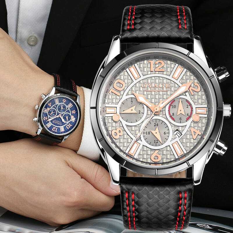 欧雅格(oyage)运动休闲时尚男表 潮流男士手表 皮带夜光星期石英腕表