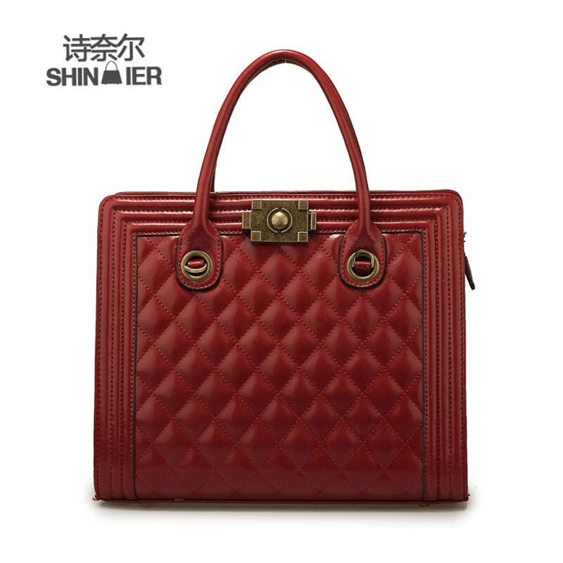 诗奈尔shinaier新款欧美风菱格牛皮包单肩包手提包四季通用女包s860