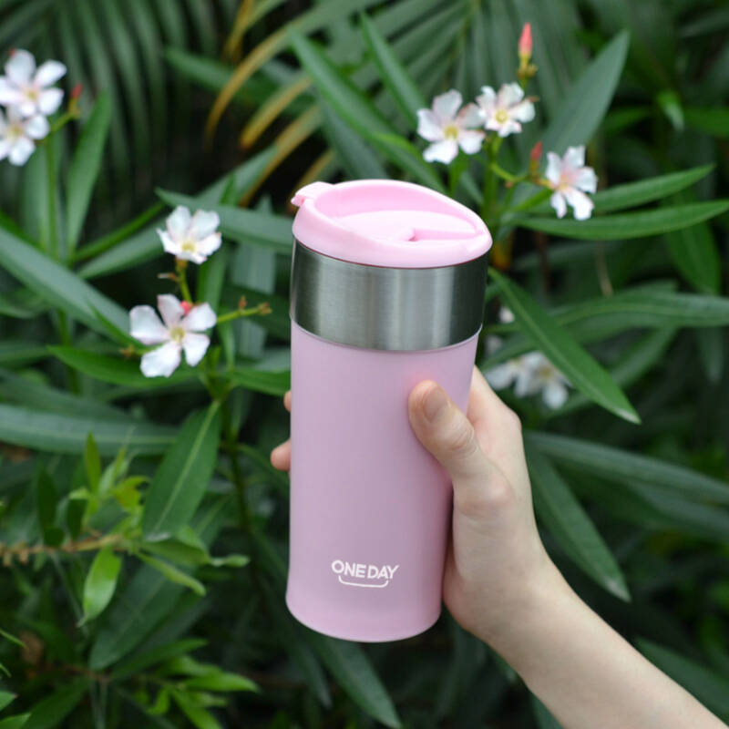 oneday 咖啡杯子 创意韩版防漏带盖咖啡杯 不锈钢车载水杯子400ml
