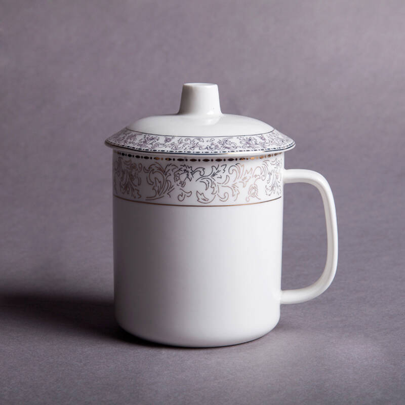 玉珑1992 办公陶瓷杯带盖水杯子大老板杯茶杯瓷杯礼品会议杯 金边花纹