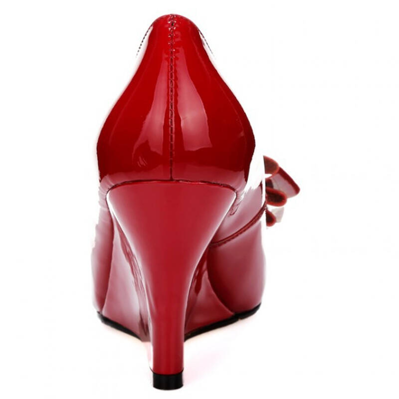 耐旅2015春季新款女单鞋真皮皮鞋蝴蝶结尖头坡跟鞋高跟单鞋女红色婚鞋