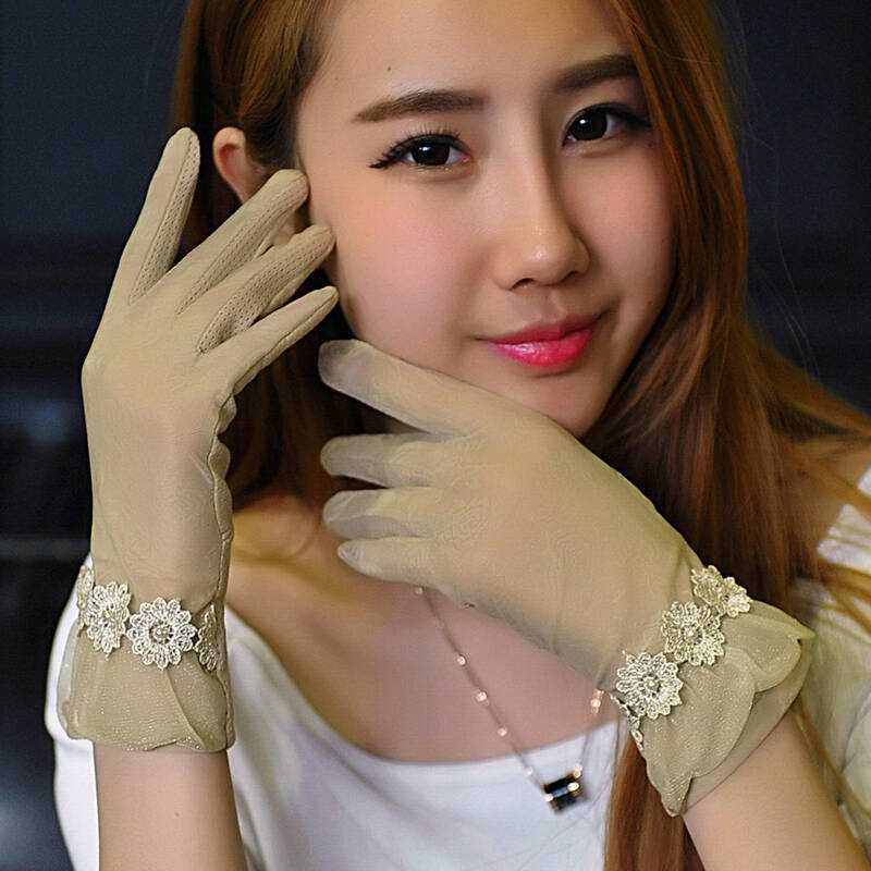 女士短款手套蕾丝防晒手套夏季防滑开车手套 驼色