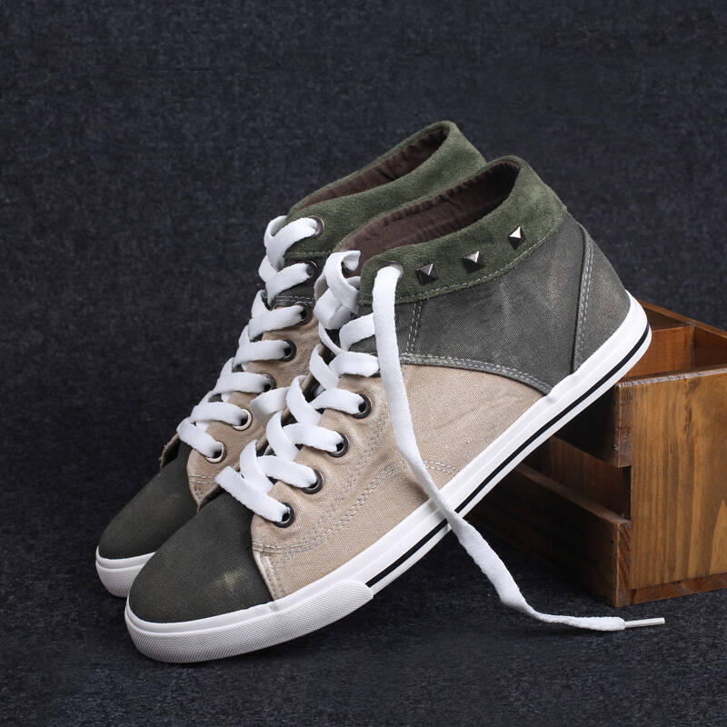 猎友/leyo 2016春帆布鞋男 高帮拼色平底休闲鞋 韩版水洗牛仔潮男板鞋
