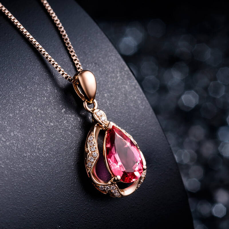 菲钻18k玫瑰金红碧玺吊坠/项坠 优雅彩色宝石项链