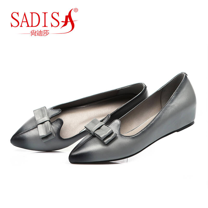 尚迪莎真皮尖头蝴蝶结内增高单鞋工作鞋 灰色 39【图片 价格 品牌