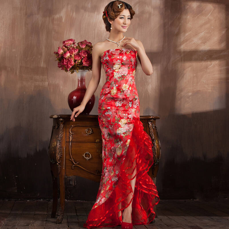 2014春夏新款结婚礼服 旗袍红色抹胸新娘敬酒服收腰新