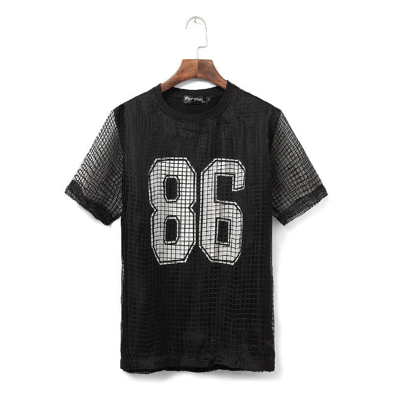 凡慕(lvfoge)2014夏季欧美走秀款网纱拼接设计86数字印花大牌男士短袖