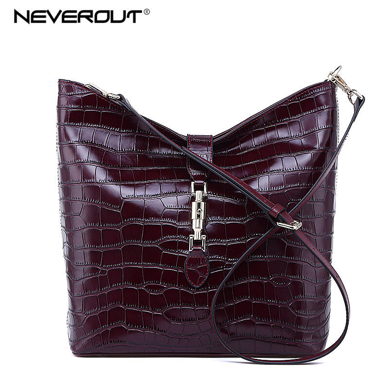 妮维奥neverout时尚鳄鱼纹搭扣单肩斜跨女包np538 酒红色