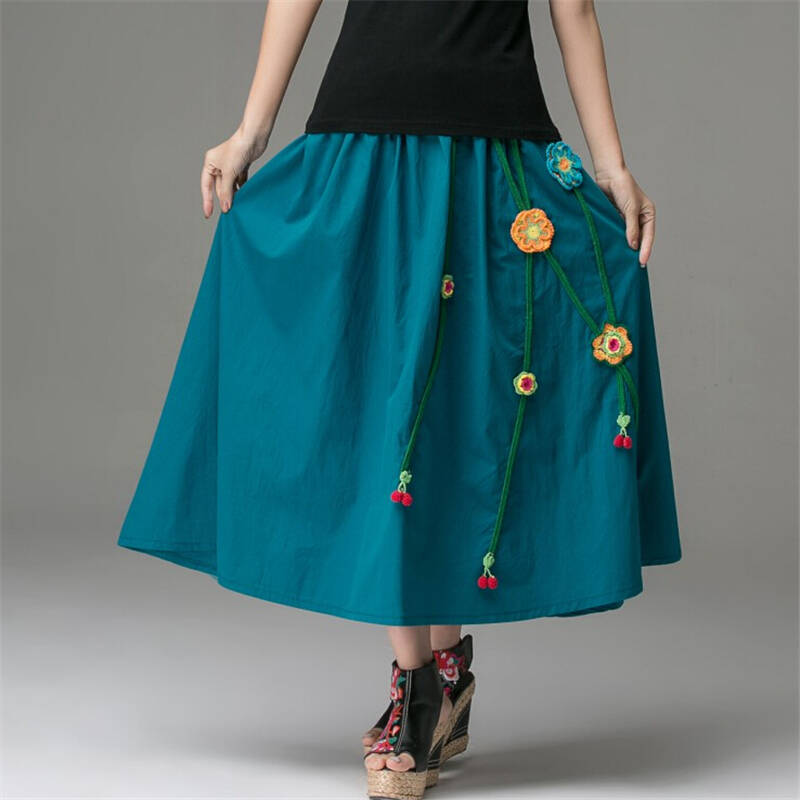 时尚手工钉花半身裙 大摆裙 青色 均码
