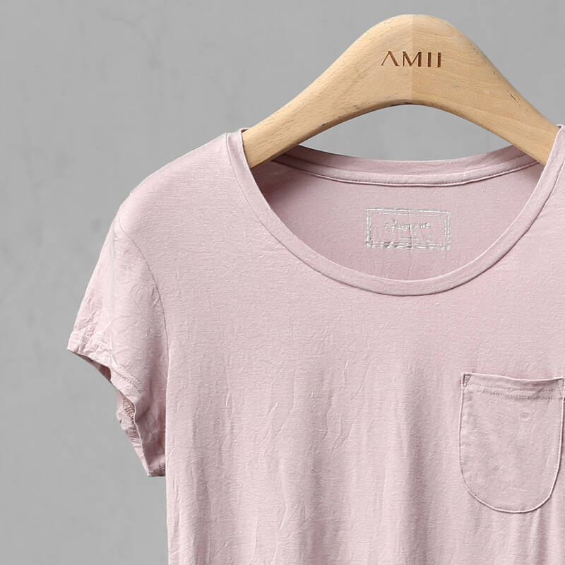 圆领百搭褶皱口袋t恤 藕荷色 3xl