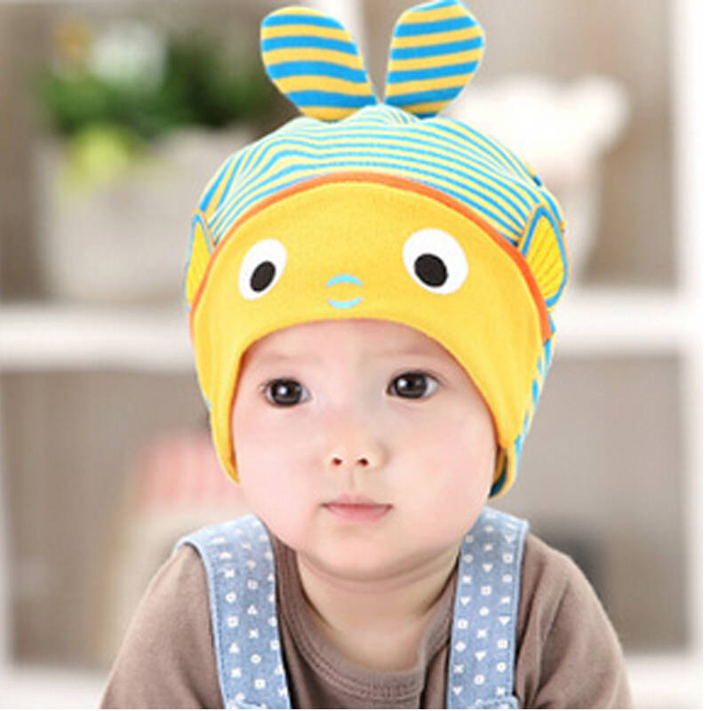 春秋季0-2岁宝宝帽子棉帽套头帽 2016新款 婴儿帽子条纹嘟嘴大眼鱼