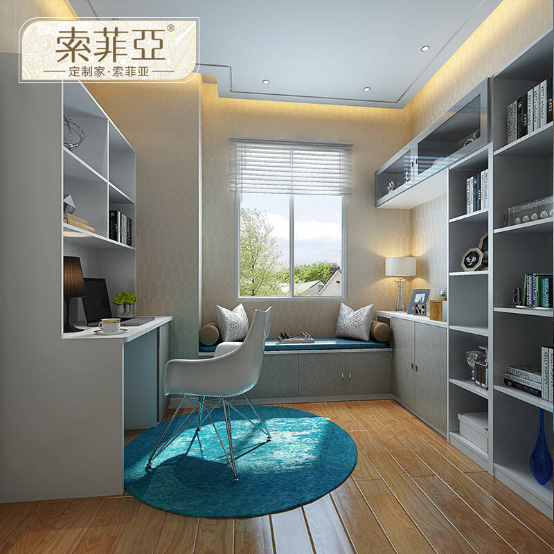 索菲亚 浮雕白色现代简约定制书房家具系列书柜书桌榻榻米组合 浮雕