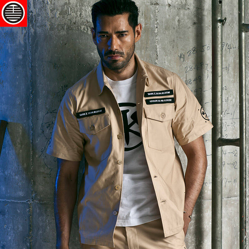 花笙记中国风物勒工名工装短袖衬衫男士休闲职业工作制服夏季 米黄色