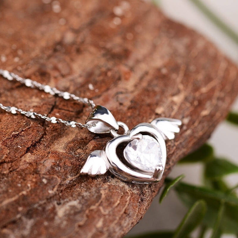 珍饰缘 纯银项链挂件女款 925银天使之心吊坠 新款百搭 精细款 紫钻