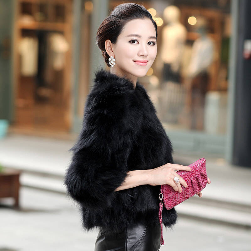 dr德若 海宁貉子毛皮草女装七分袖短款外套f025 黑色 xl