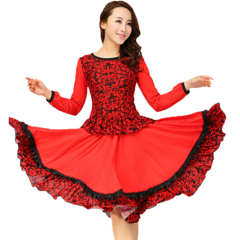 秋季广场舞蹈服 春季长袖套装舞蹈服大摆裙修身表演演出服舞蹈服 红色