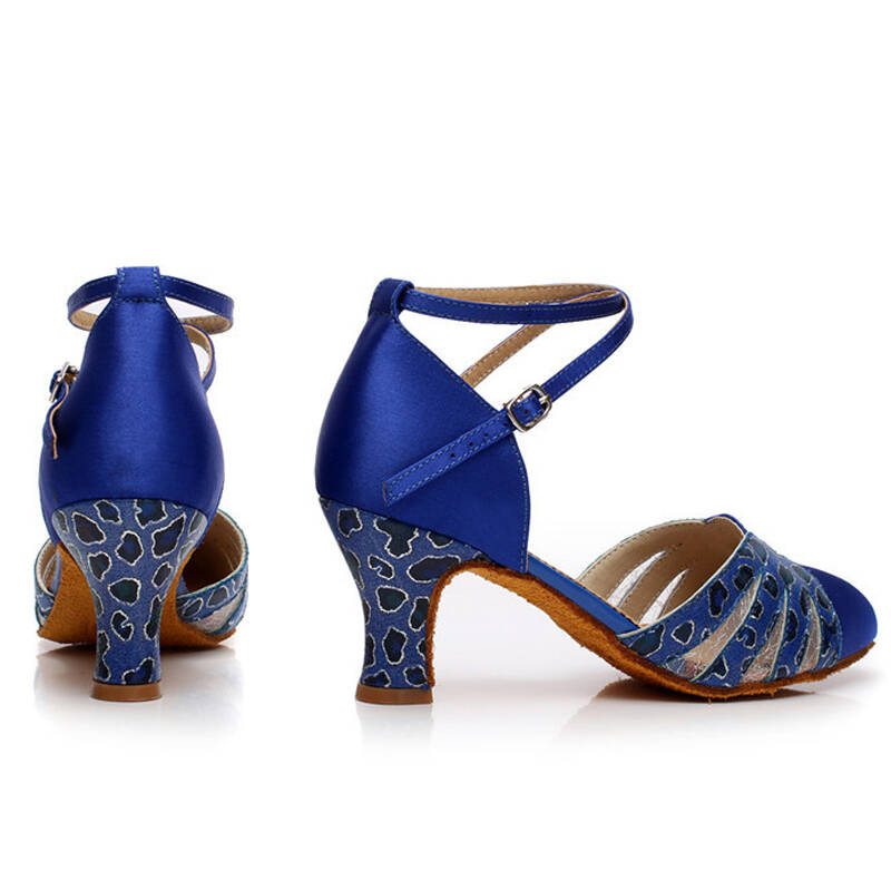 女士拉丁舞蹈鞋包头八带缎面拉丁恰恰斗牛桑巴舞鞋 蓝色豹纹5.5cm 41