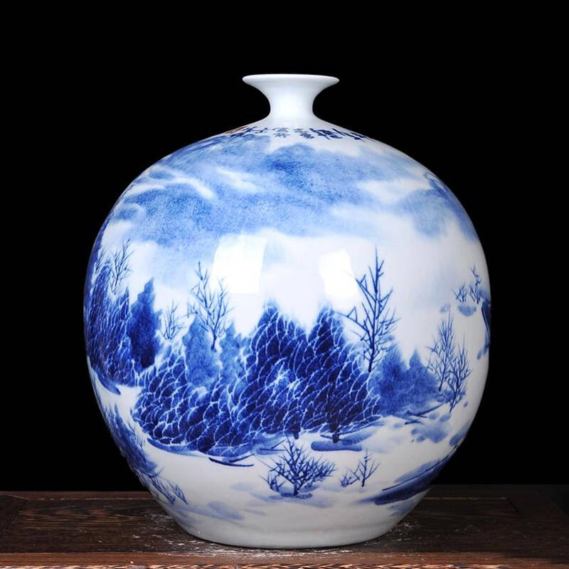 景德镇陶瓷大师手绘雪景青花瓷小口大肚花瓶高档礼品家居工艺摆件
