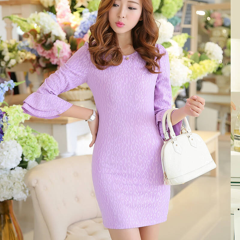 2014春装新款韩版淑女荷叶袖中袖蕾丝连衣裙 一步裙 紫色 xl