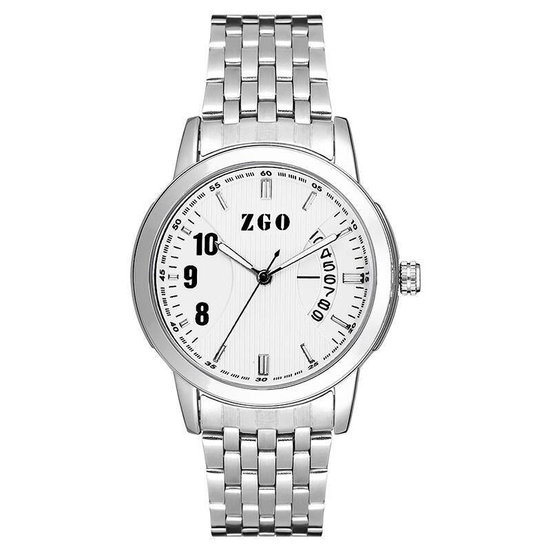 正港(zgo)钢带系列商务日历情侣手表休闲学生手表8408gg 白色男款