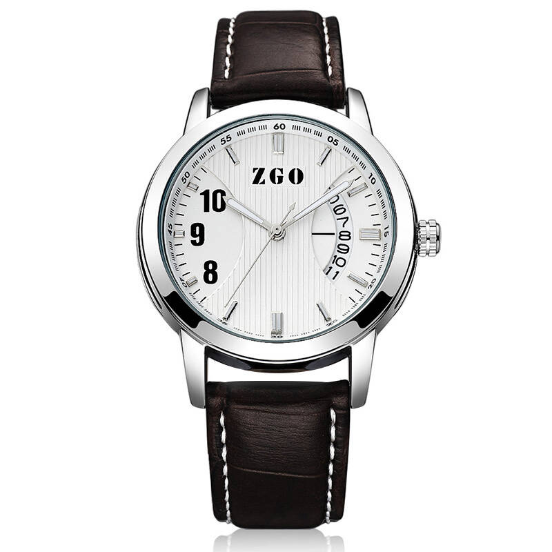 正港(zgo)皮带系列情侣腕表商务时尚男表复古学生手表8408pg 棕带白面