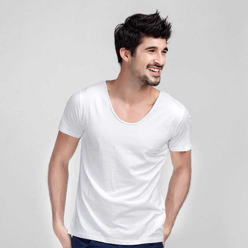 2015夏季新品男装 时尚纯色鸡心领u型领男士t恤纯棉短袖衫 黑色 xxl