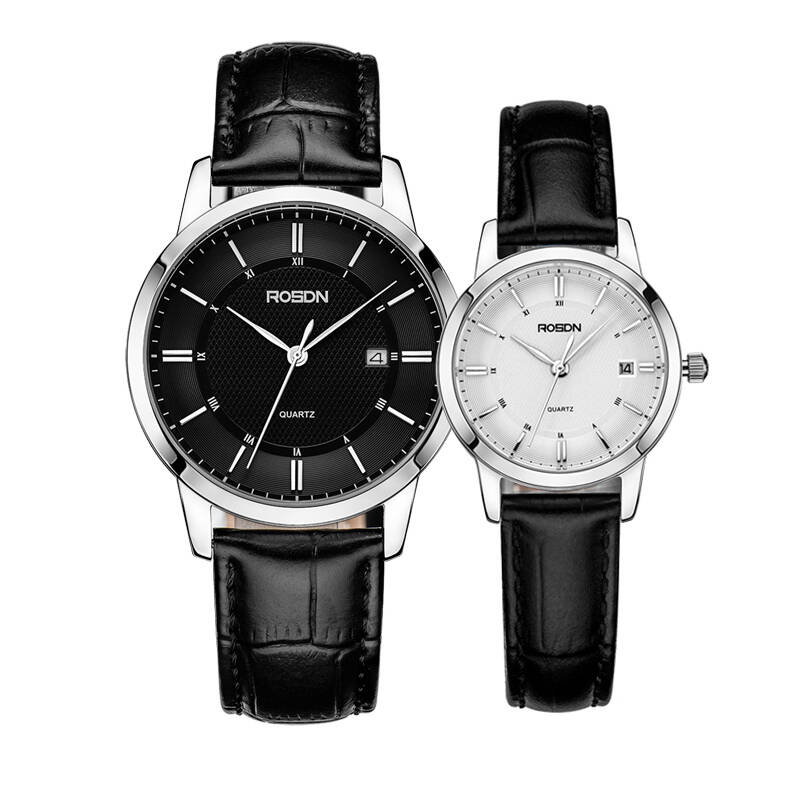 劳士顿(rosdn)情侣手表时尚防水皮带情侣表男士女士石英情侣对表 男黑