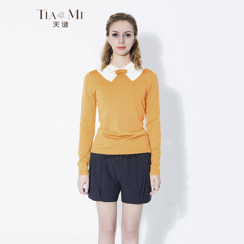 tmi天谜专柜正品秋装新款2015韩版小对领打底修身针织衫 43008 黄色 s