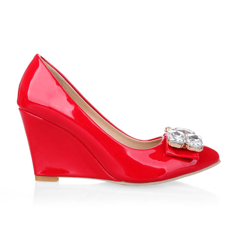 miaogirl 2015新款坡跟鞋韩版水钻时尚单鞋尖头气质女鞋 m670 红色 39